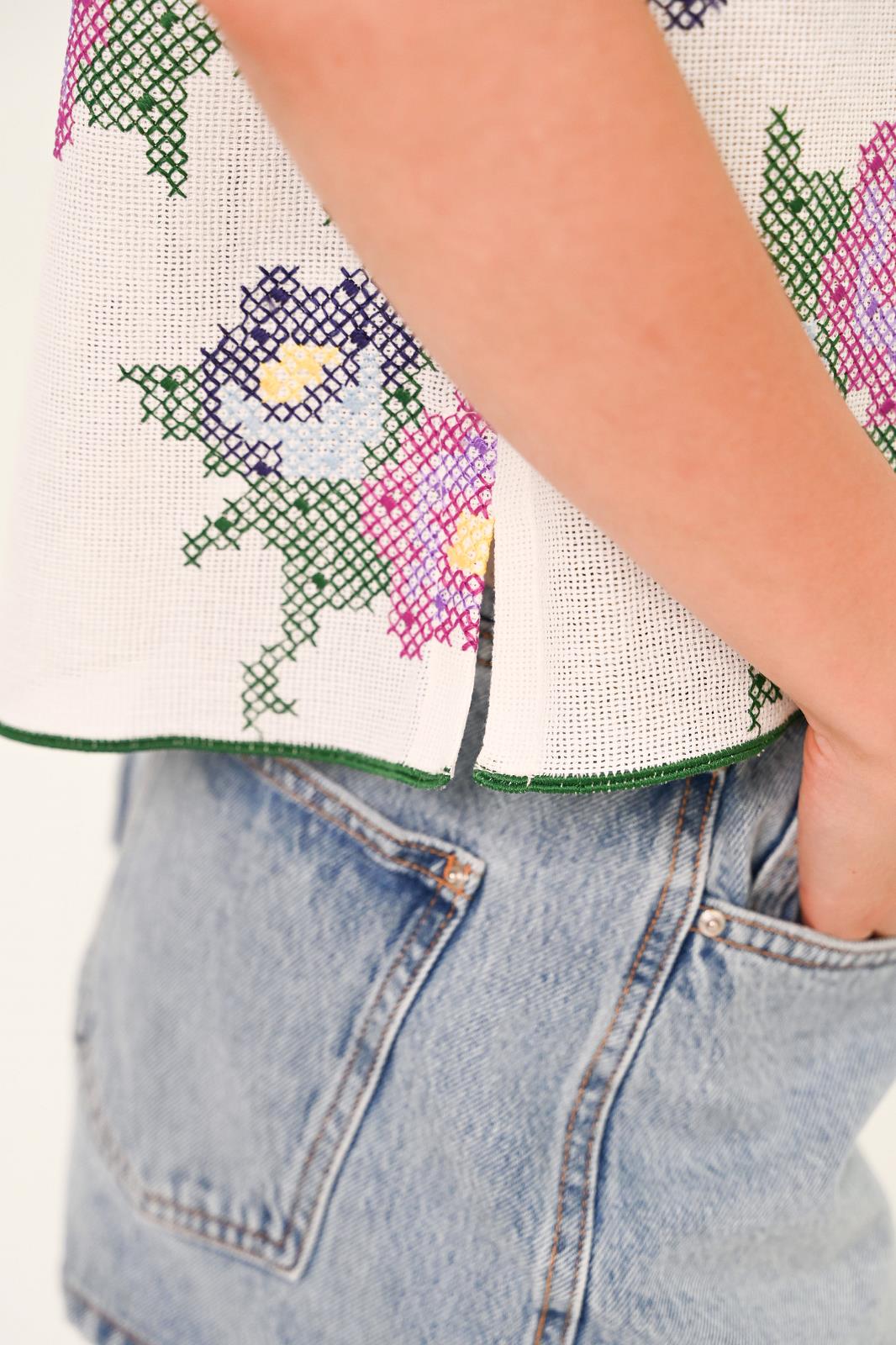 BLOUSE SS BORDUUR MULTI