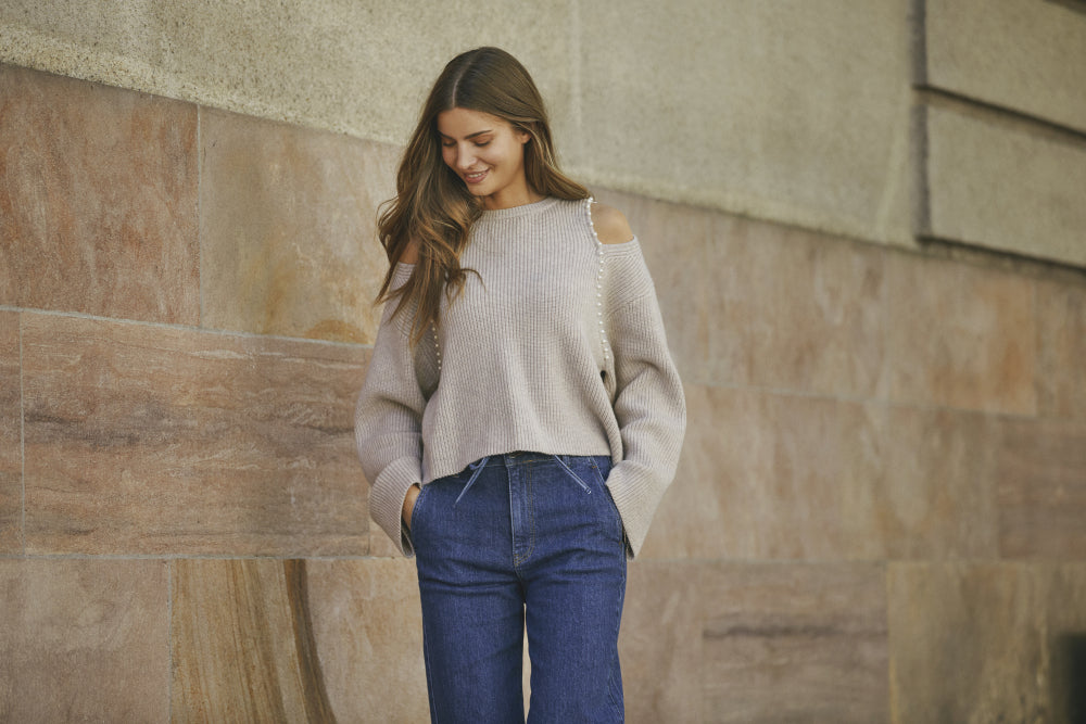 PULL LS-ON-UNI+APPLI-BEIGE