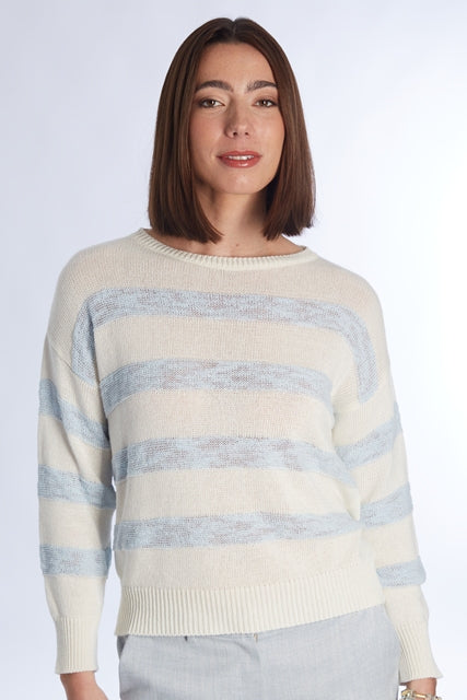 PULL LM STREEP L BLAUW/BEIGE