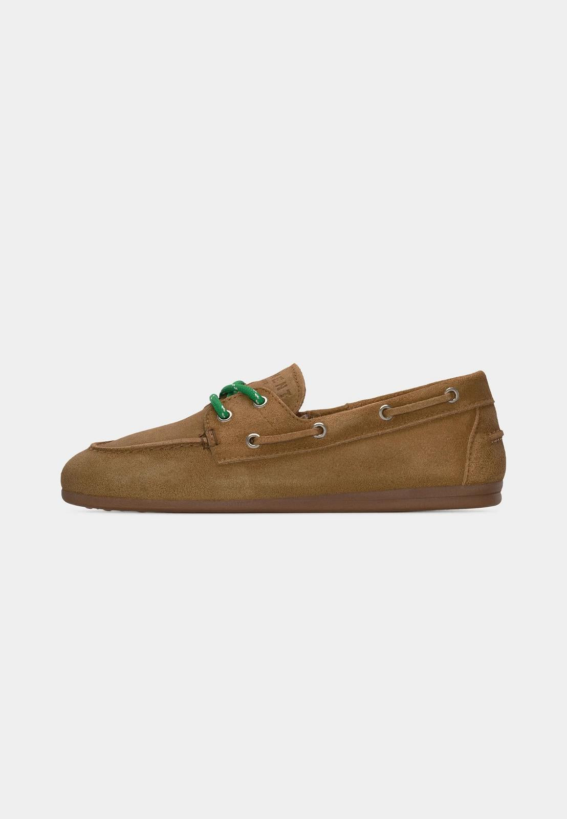 BOATSHOE SUEDE TAUPE/GROENE VETERS