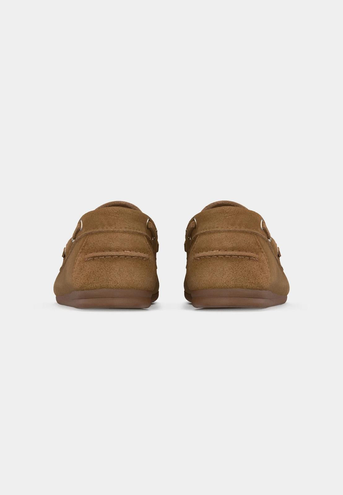 BOATSHOE SUEDE TAUPE/GROENE VETERS