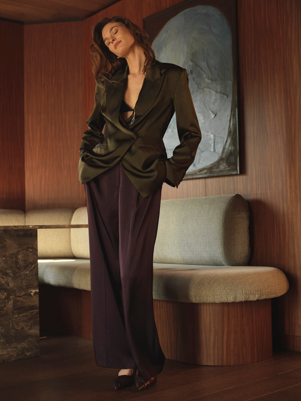 Dante6-Jules bold satin smart pants Dark