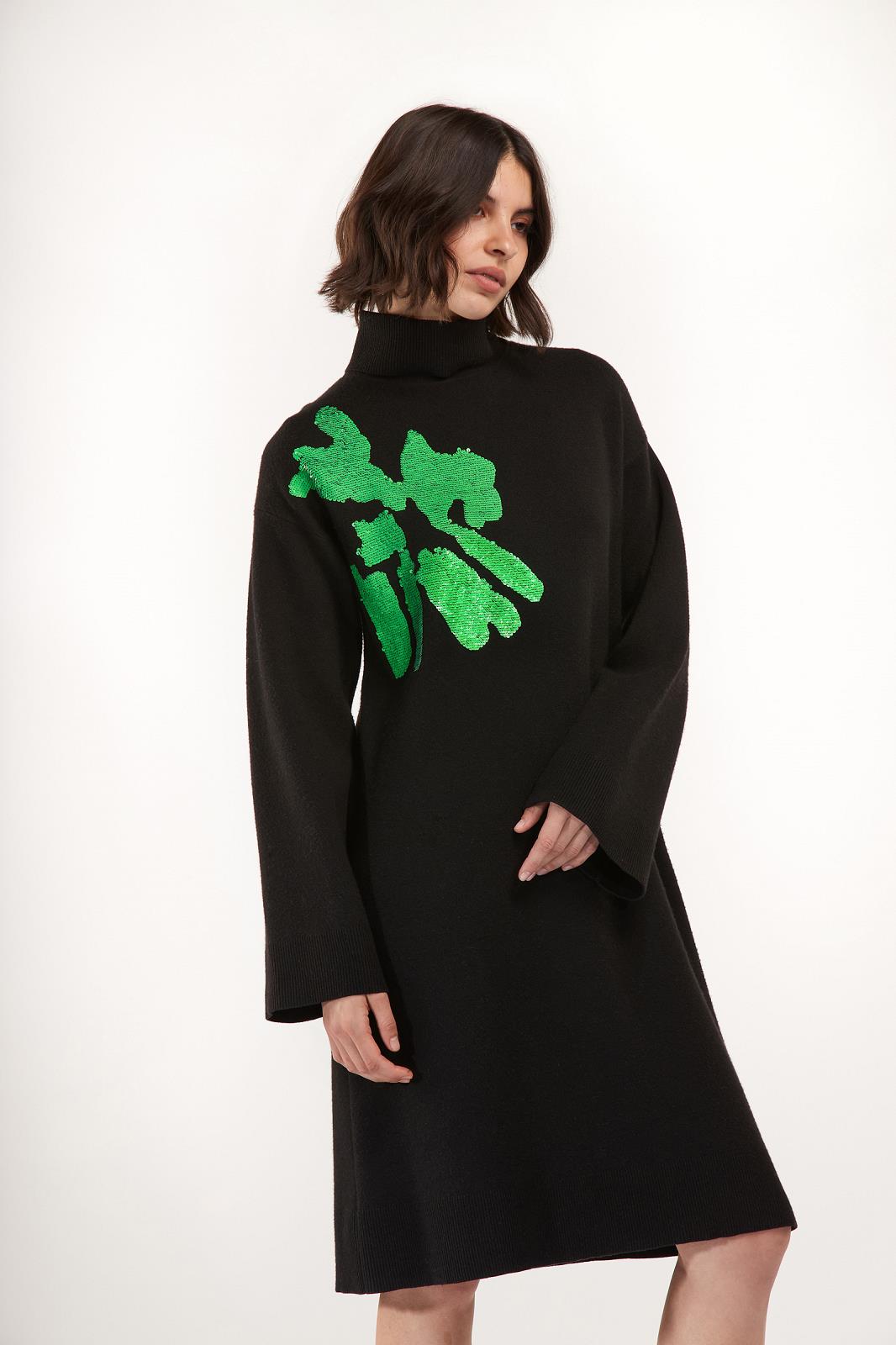 DRESS LS-KNIT-UNI+APPLI-BLACK