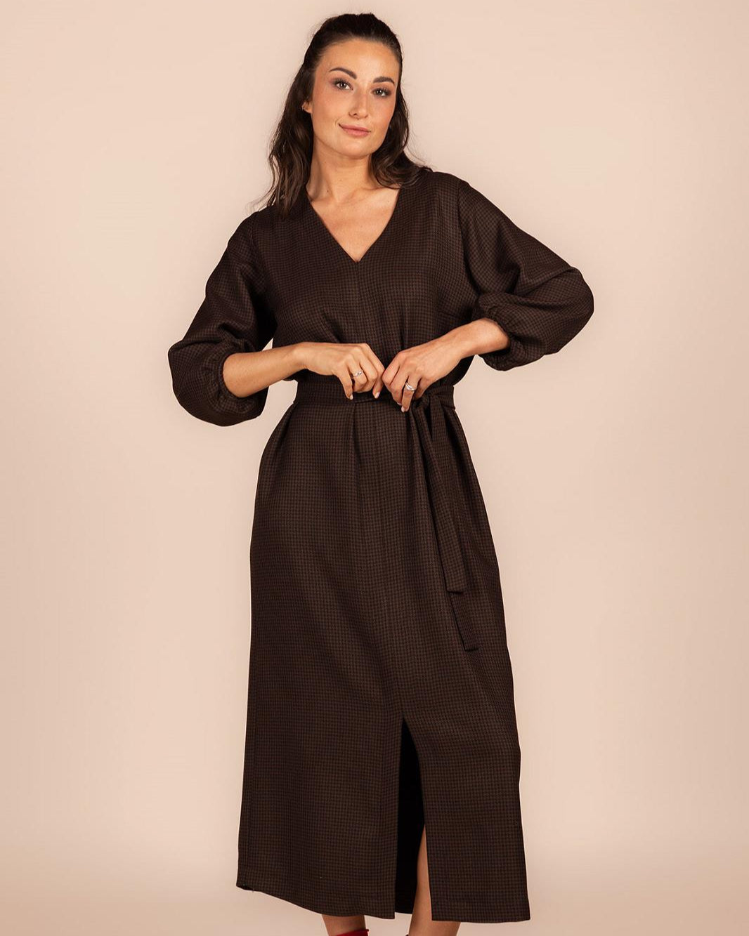 DRESS 3/4S-*-CHECK-BROWN