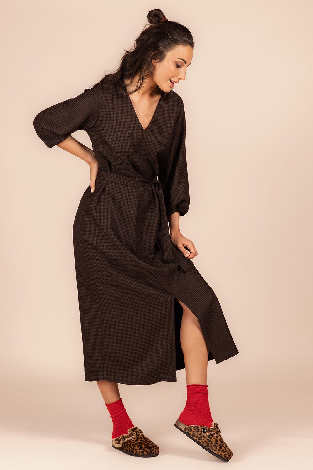 DRESS 3/4S-*-CHECK-BROWN