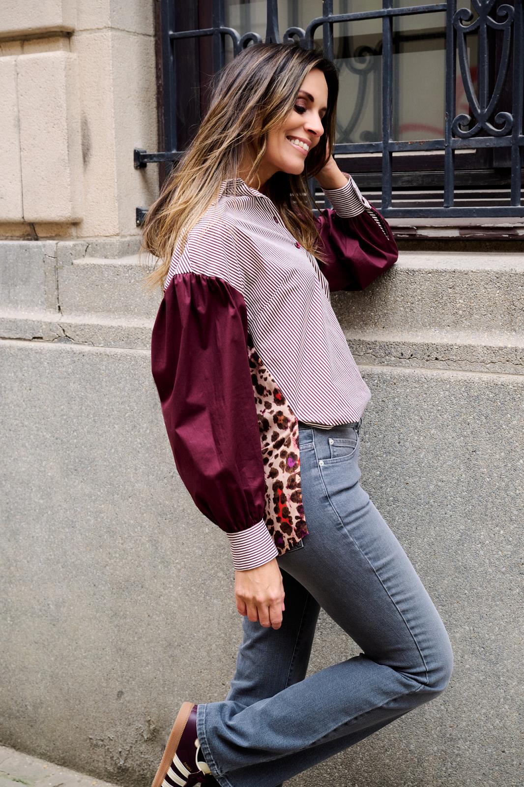 BLOUSE LS-*-PRINT+STRIPE-AUBERGINE