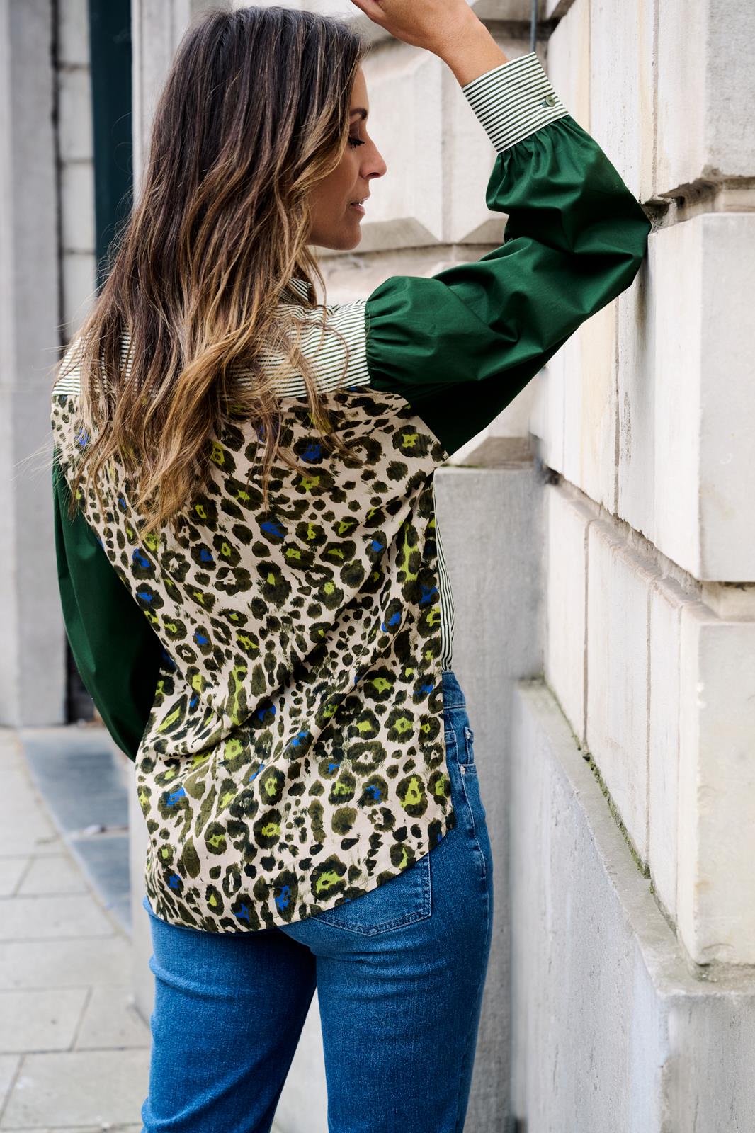 BLOUSE LS-*-PRINT+STRIPE-GREEN