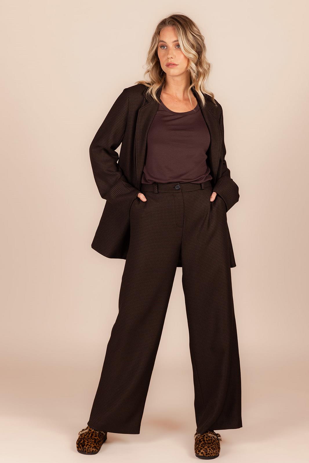 PANTS DRESSED L-*-CHECK-BROWN