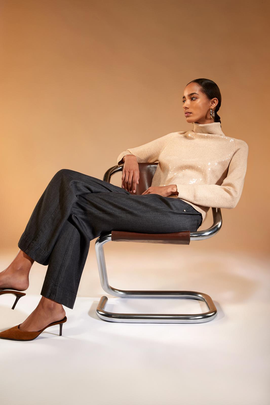 PULL LS-RN-UNI+APPLI-BEIGE