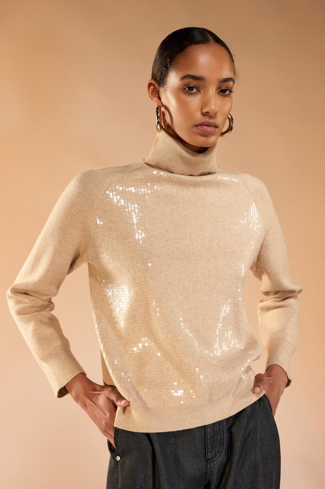 PULL LS-RN-UNI+APPLI-BEIGE