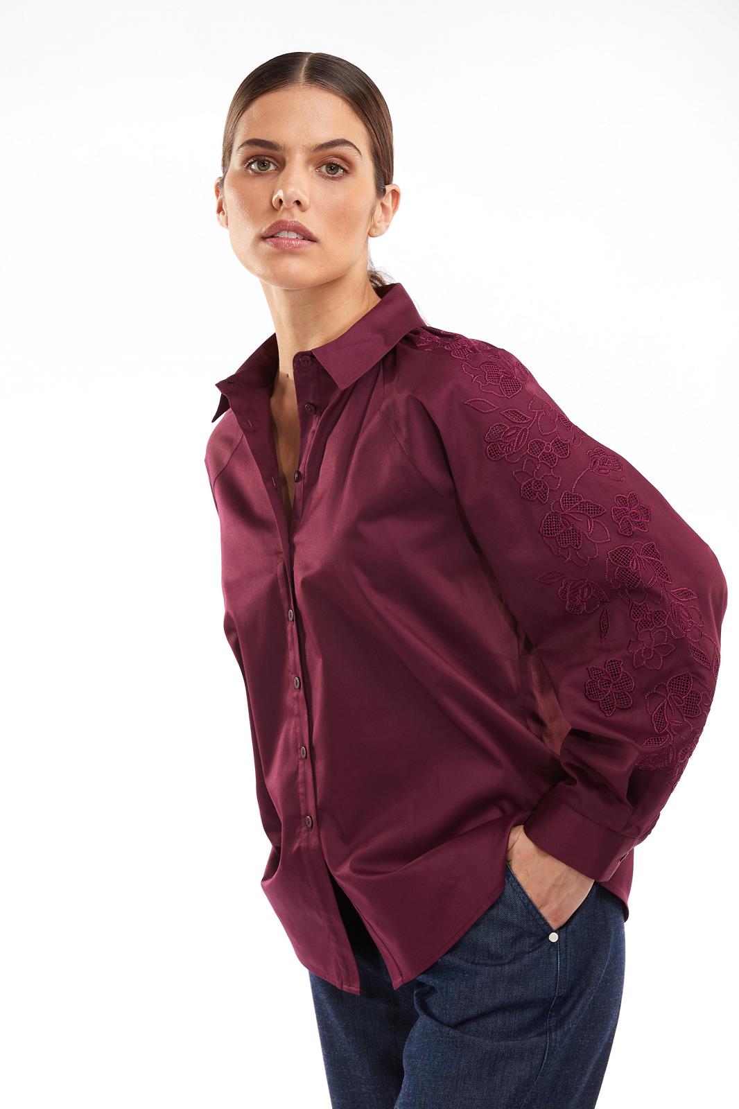 BLOUSE LS-*-UNI+EMBROIDERED-PURPLE DARK