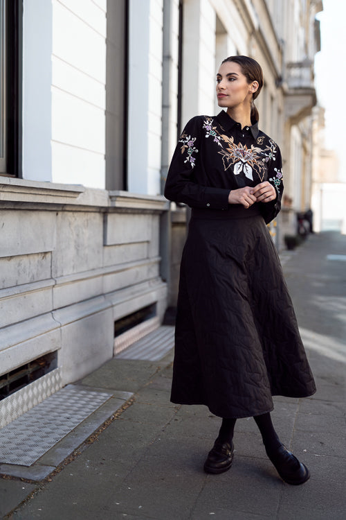 BLOUSE LS-COTTON/STR-UNI+EMBROIDERED-Zwa