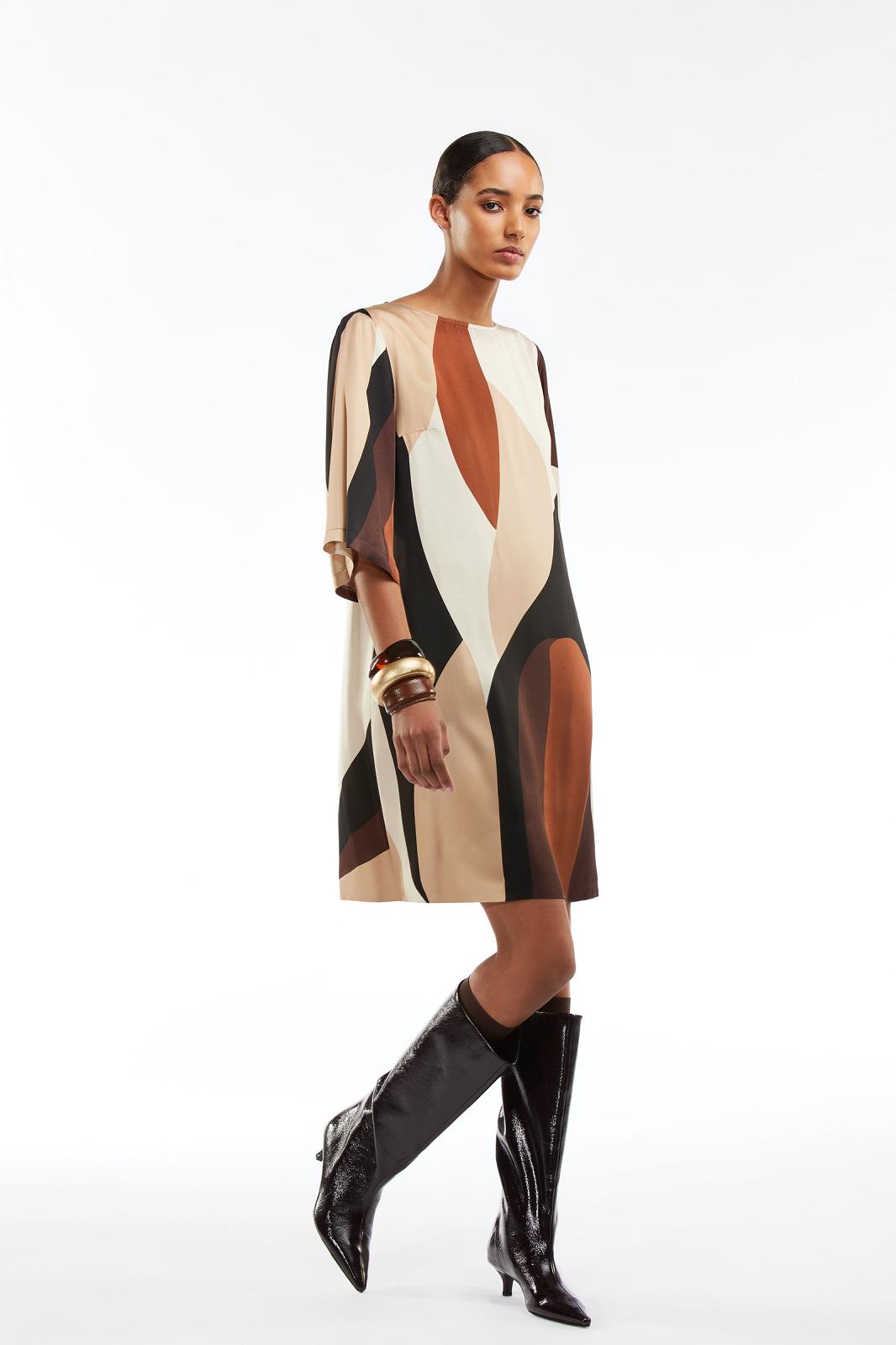 DRESS 3/4S-*-PRINT-BROWN