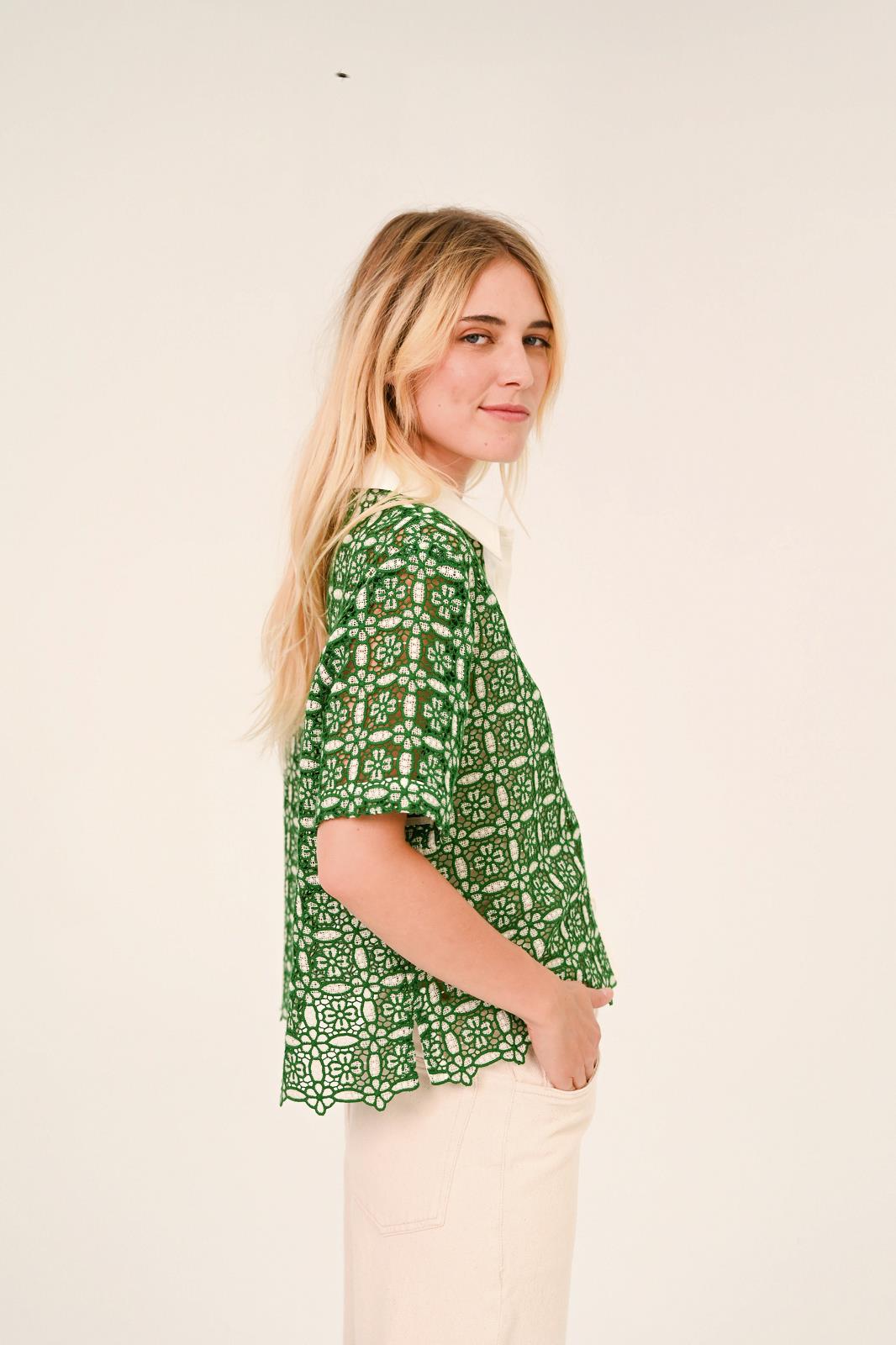 BLOUSE SS BORDUUR GROEN