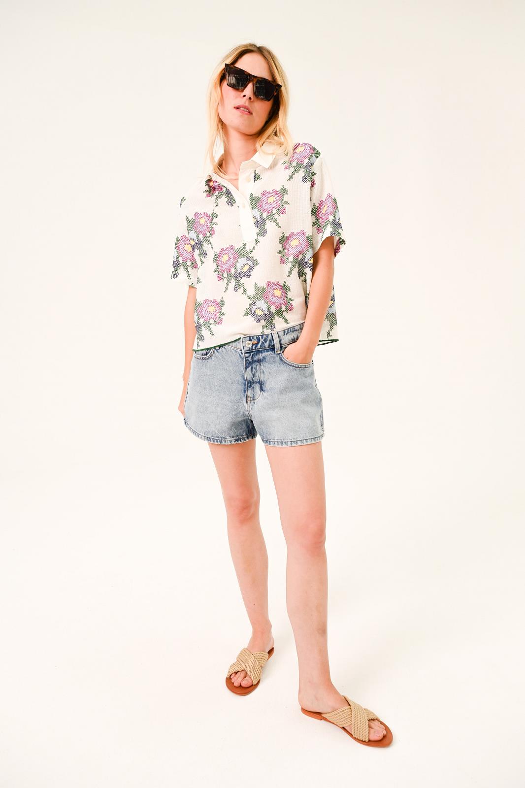 BLOUSE SS BORDUUR MULTI