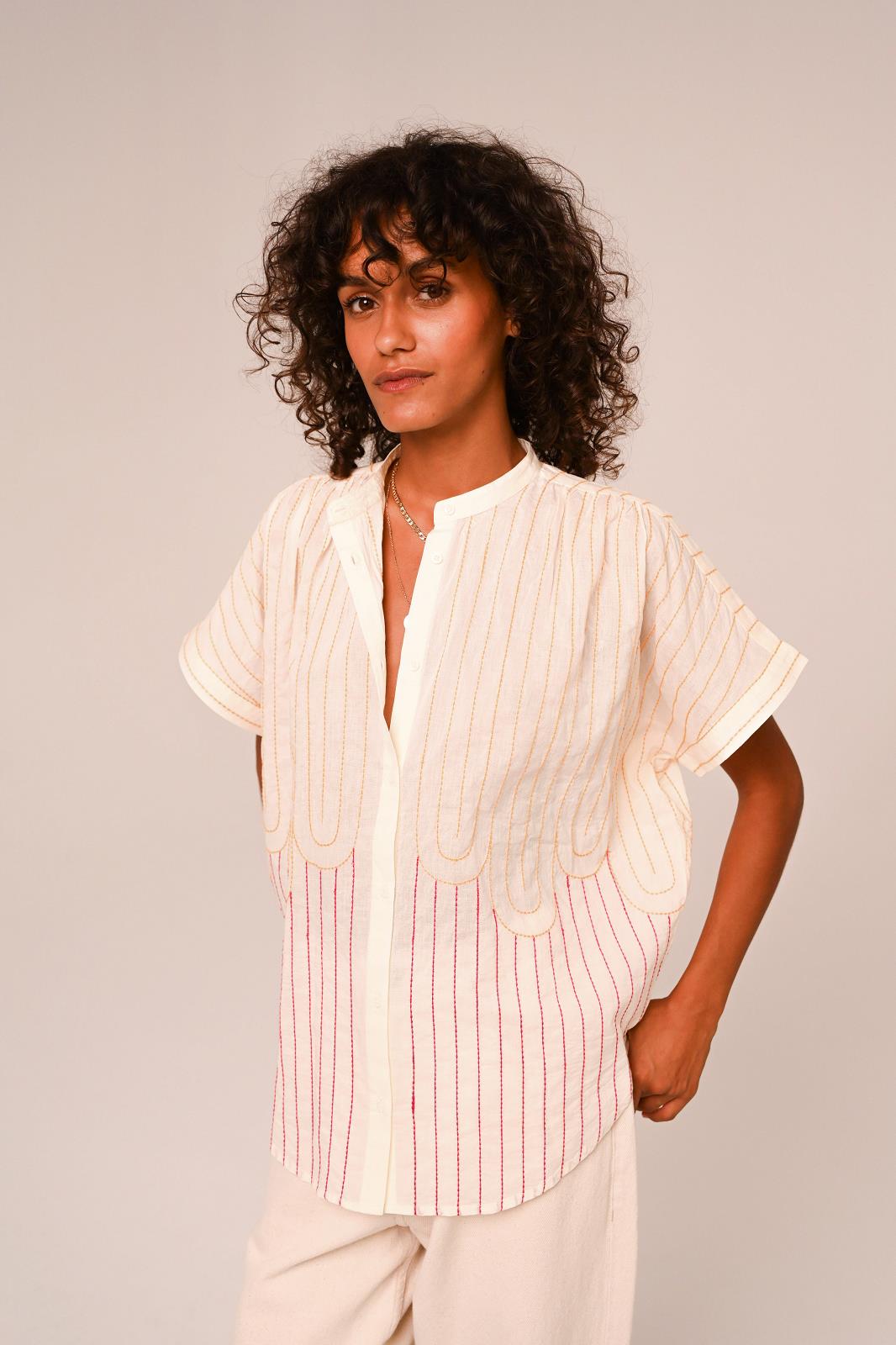 BLOUSE SS STREEP GEEL