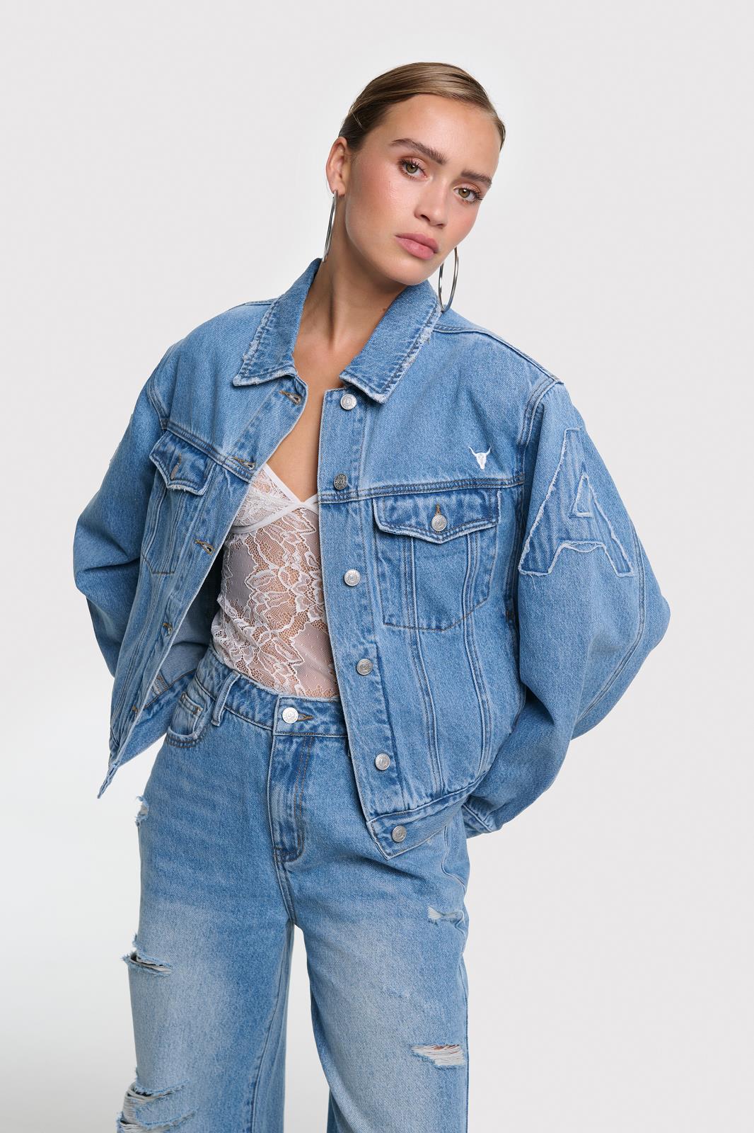 ladies woven soft denim patch jacket
