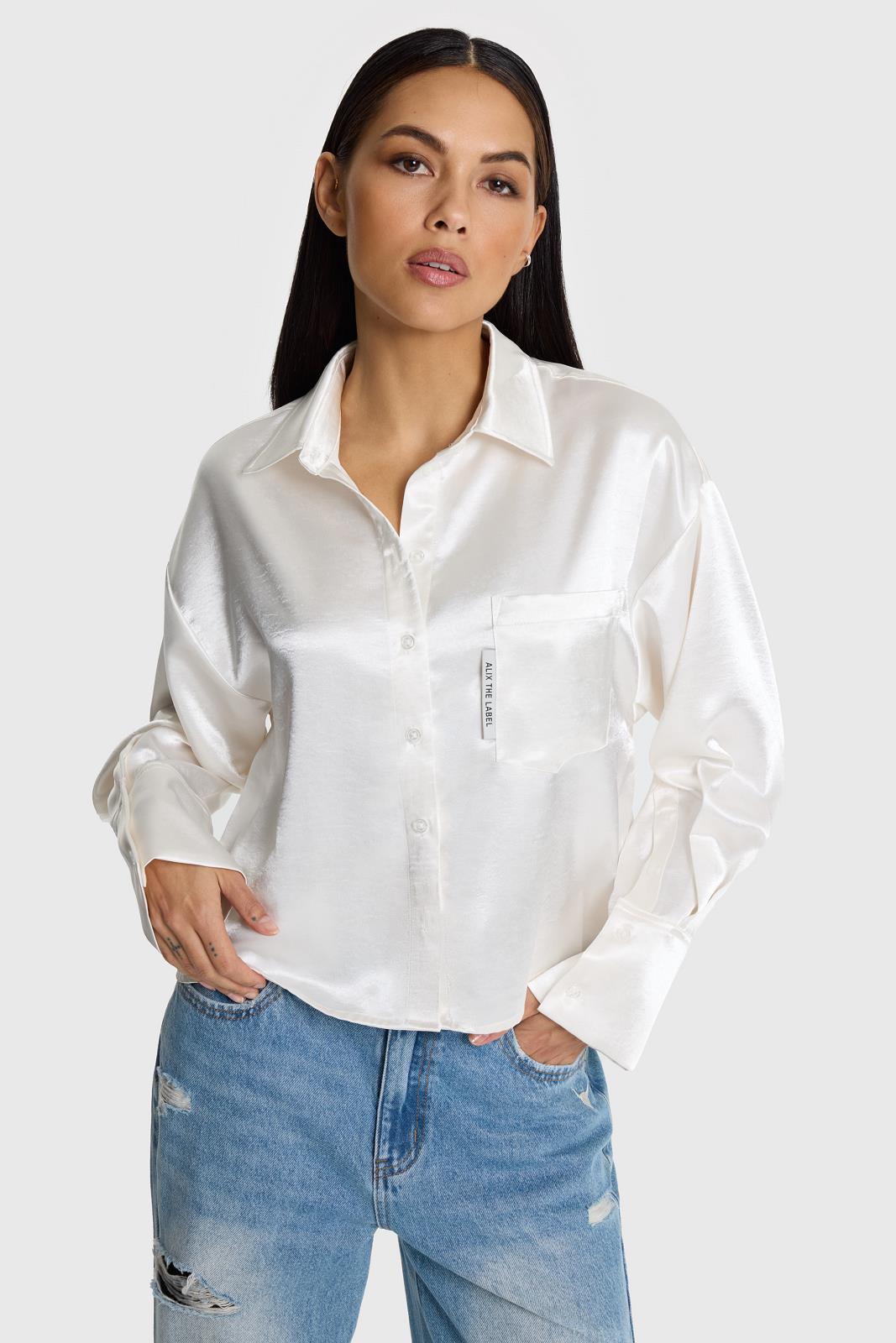 ladies woven cropped subtle satin blouse