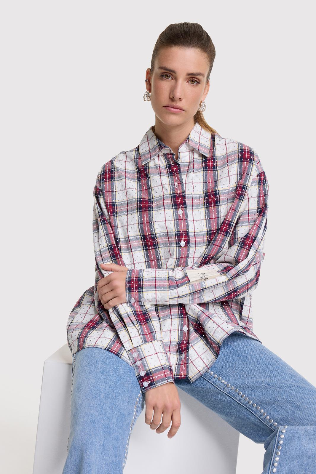 BLOUSE LS-*-CHECK+APPLI-AUBERGINE