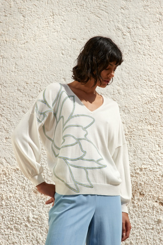 PULL LM UNI ECRU + APPLI