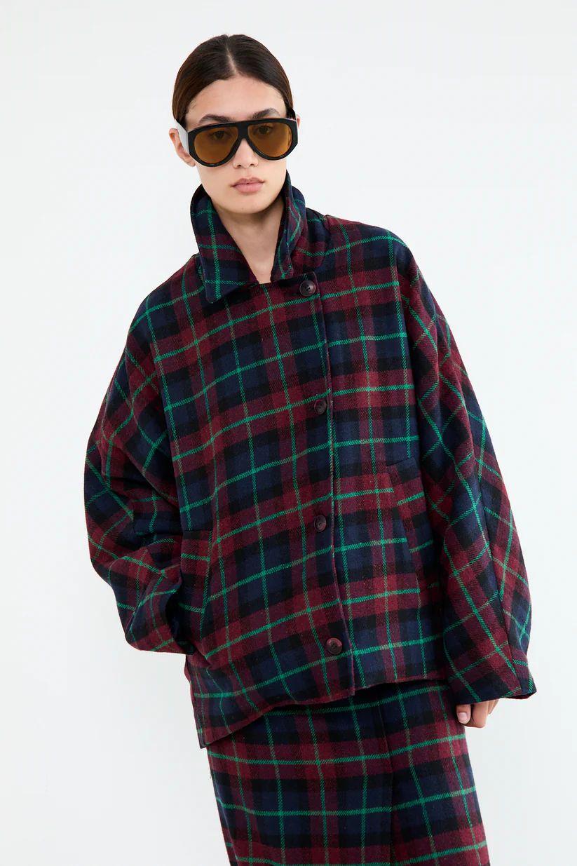 OUTDOOR S-WOOL-CHECK-AUBERGINE
