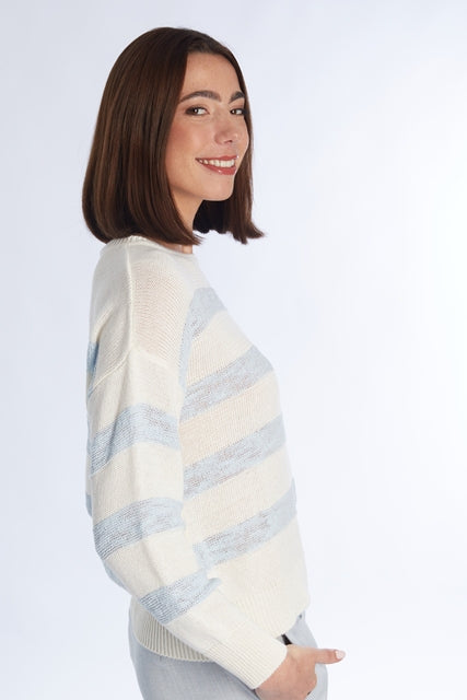 PULL LM STREEP L BLAUW/BEIGE
