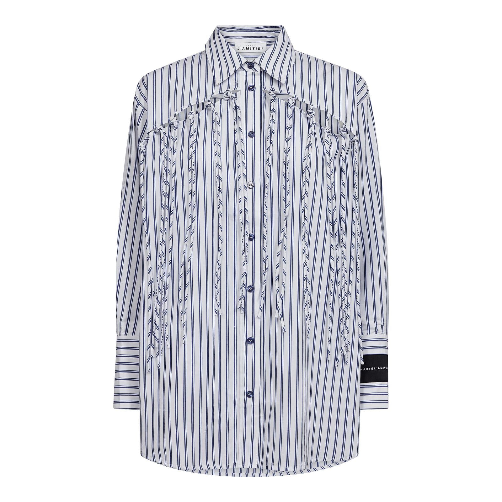 BLOUSE LM STREEP BLAUW+FRINGE