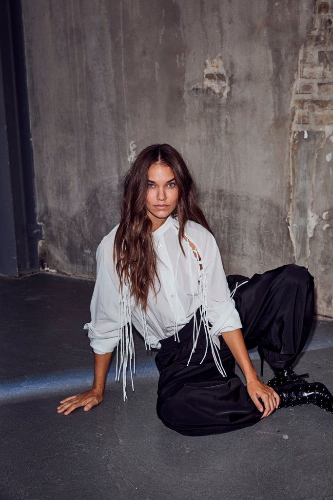 BLOUSE LM UNI WIT+FRINGE