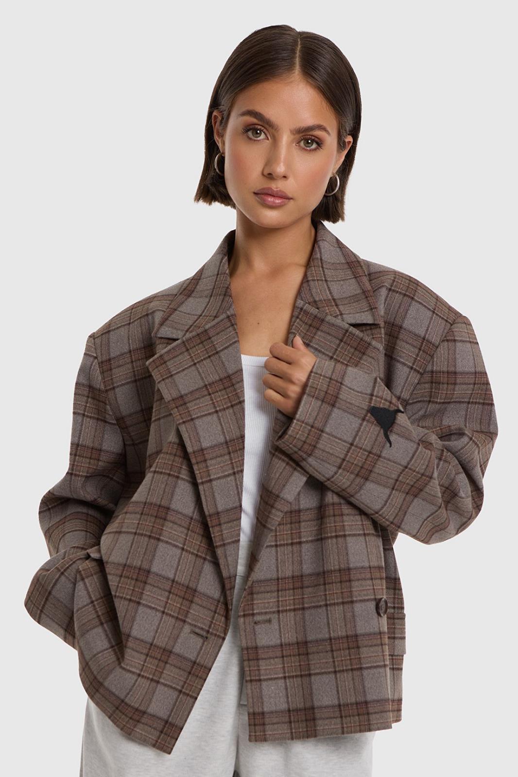 Woven Cropped Check Blazer