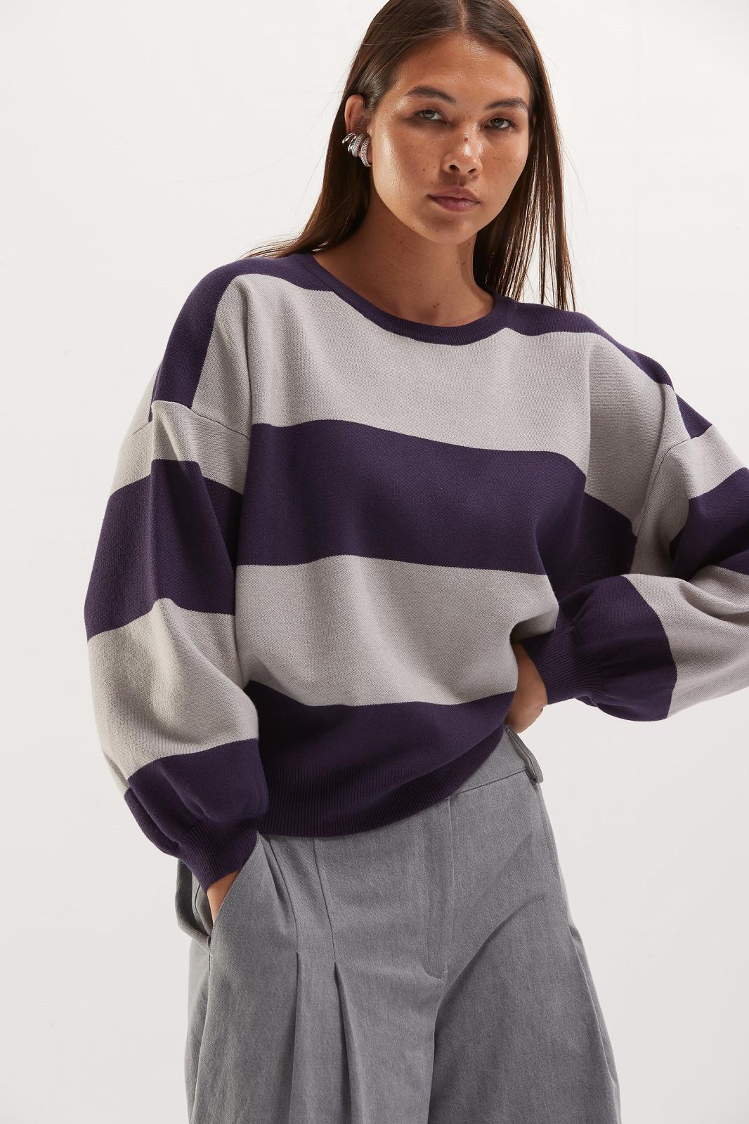 PULL LM STREEP GRIJS/PAARS