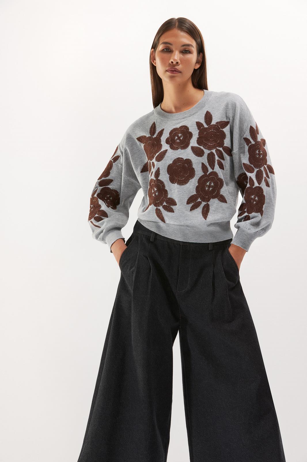 PULL UNI GRIJS + BLOEMEN