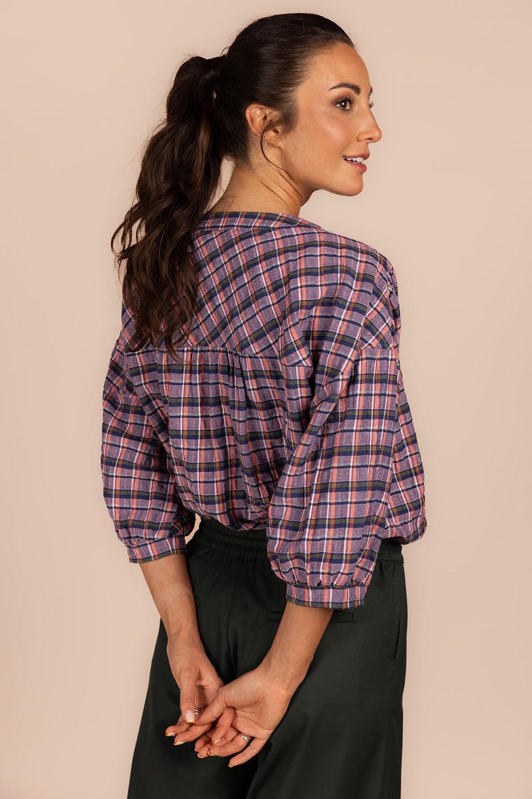 BLOUSE 3/4S-*-CHECK-PURPLE
