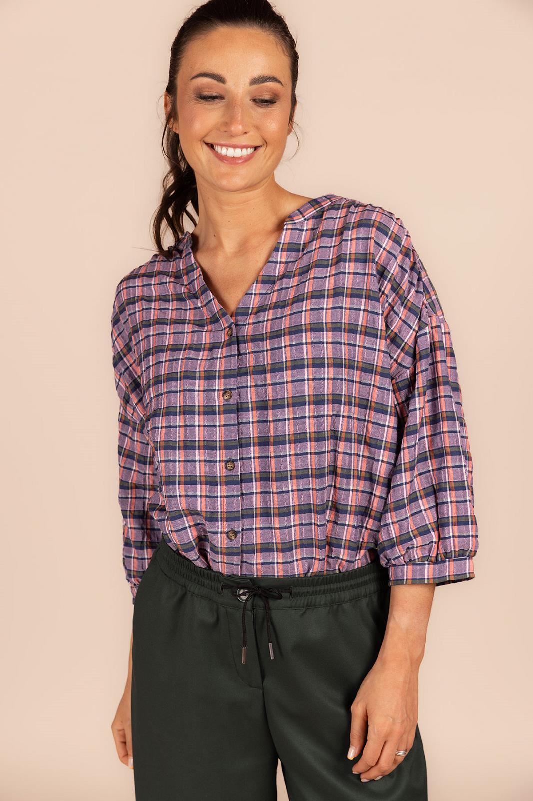 BLOUSE 3/4S-*-CHECK-PURPLE