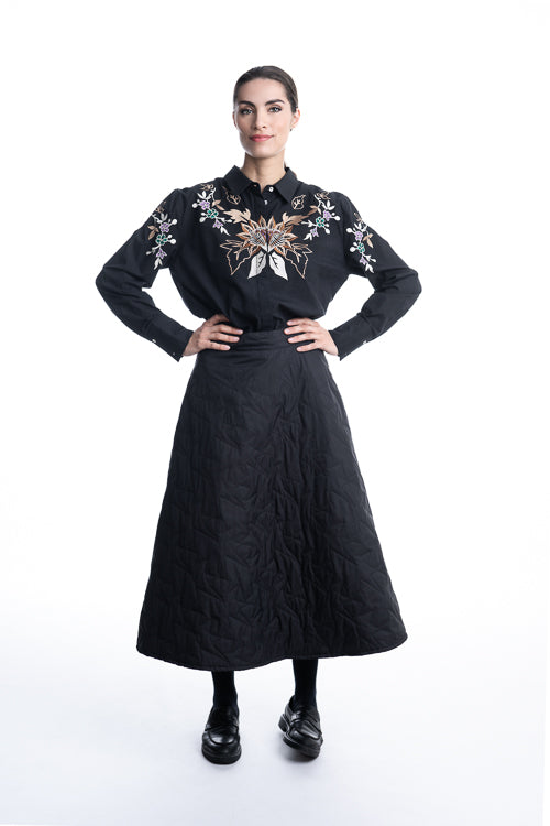 BLOUSE LS-COTTON/STR-UNI+EMBROIDERED-Zwa